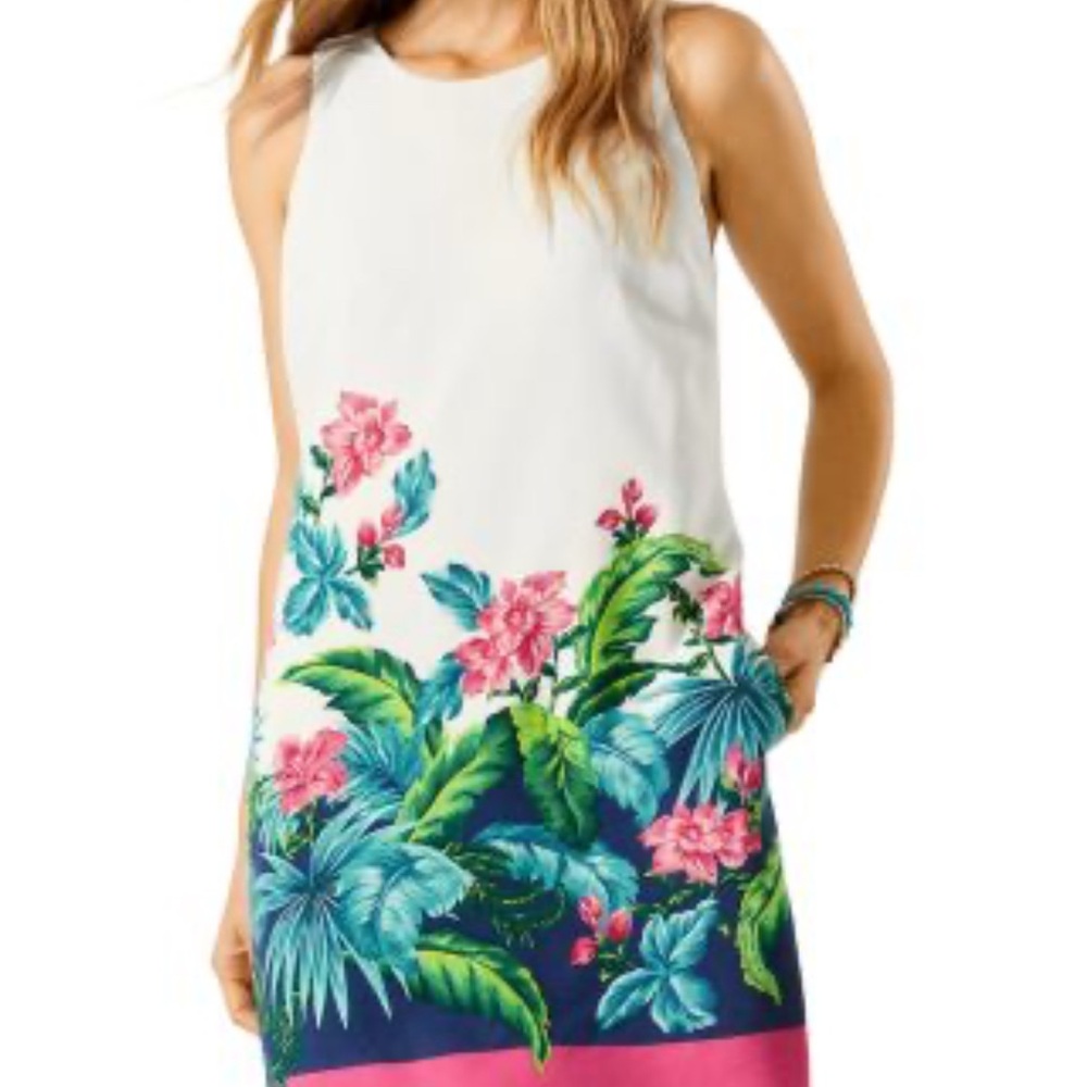Tommy Bahama White Mini Shift Dress with Pink & Teal Floral Border